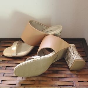 Nicole Tan and Gold Mixed-Material Block Heel Slides